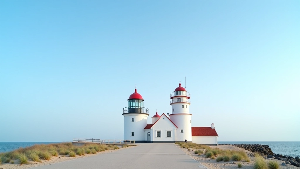 White lighthouse tower with red top against coastal backdrop and clear sky