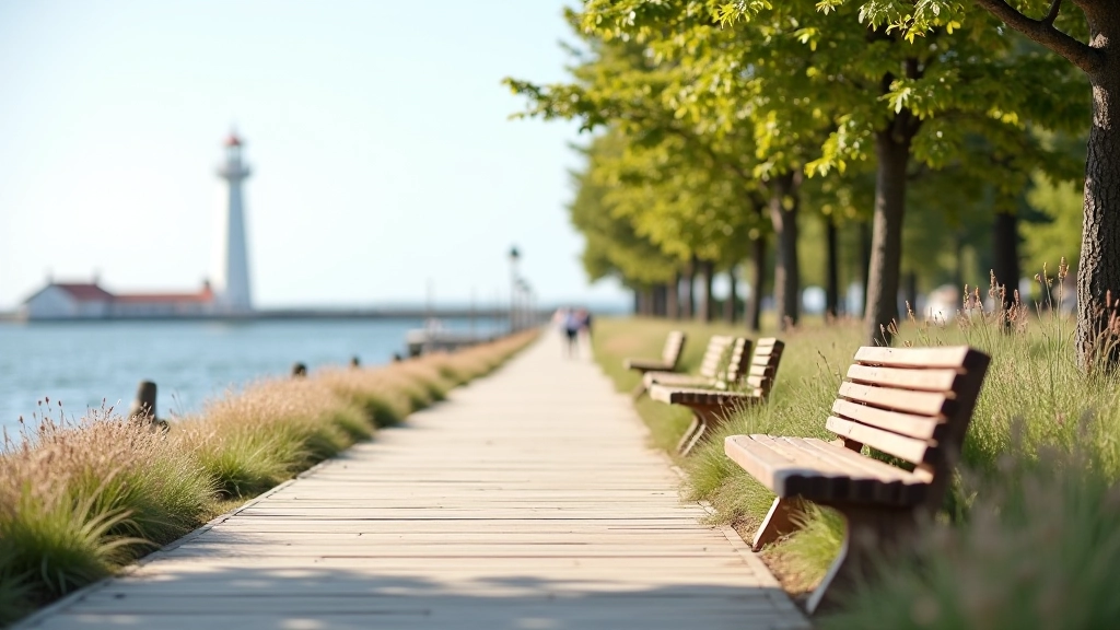 Seaside promenade pathway lined with benches overlooking the water and distant trees
