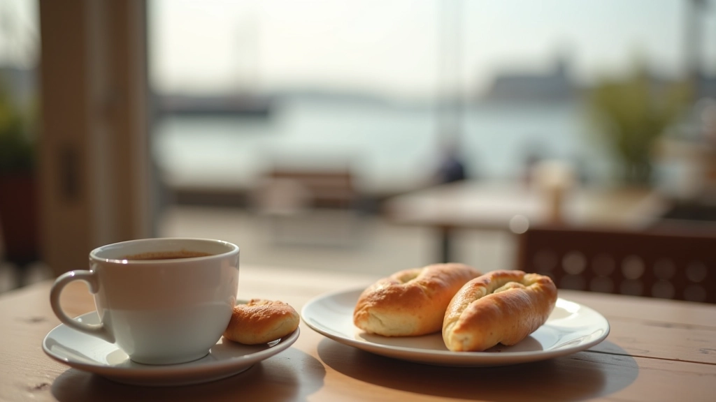 Close-up of fresh coffee cup and pastry on a cafe table with harbour background