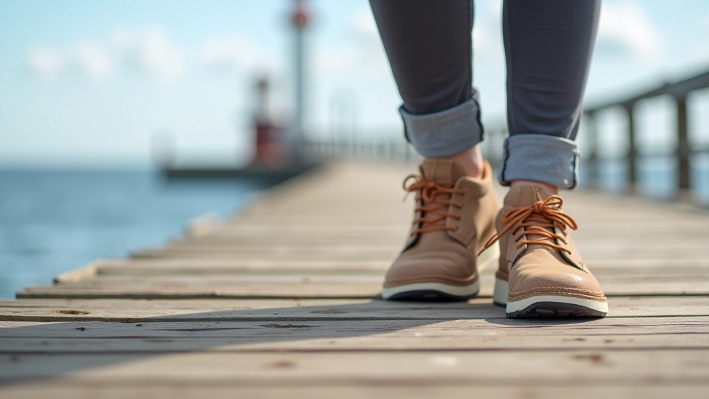 Pair of comfortable walking shoes on wooden dock with sea in background
