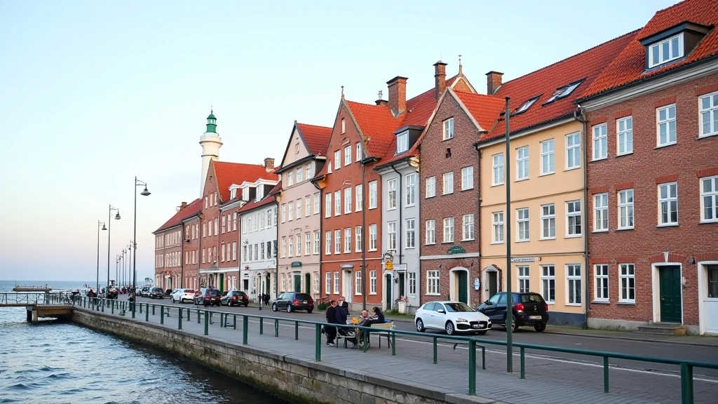 Historic merchant houses along the waterfront with traditional architecture and weathered facades