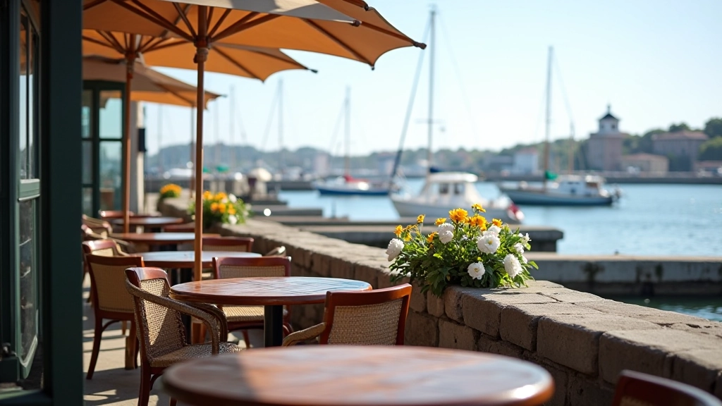 Local cafe with outdoor seating overlooking the harbour with sailboats docked nearby