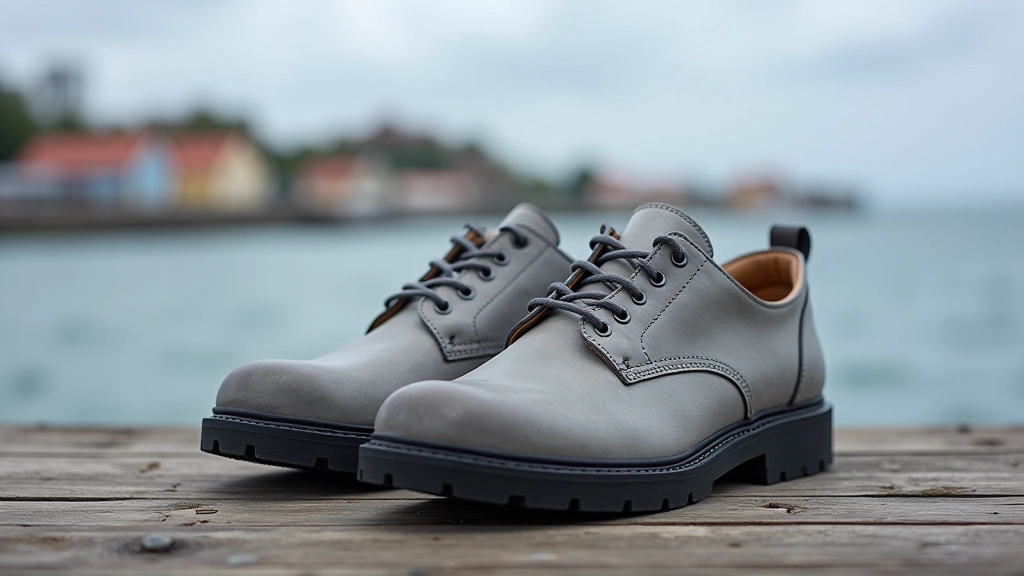 Close-up of quality walking shoes with arch support on a wooden pier with harbour view