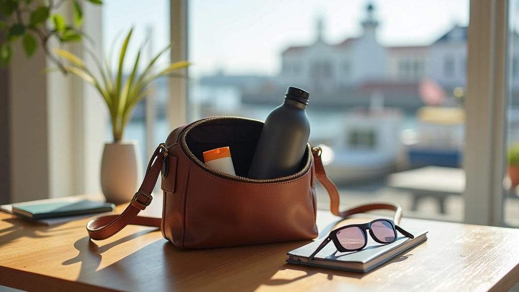 A small crossbody bag with essentials laid out: water bottle, sun protection, and comfortable accessories