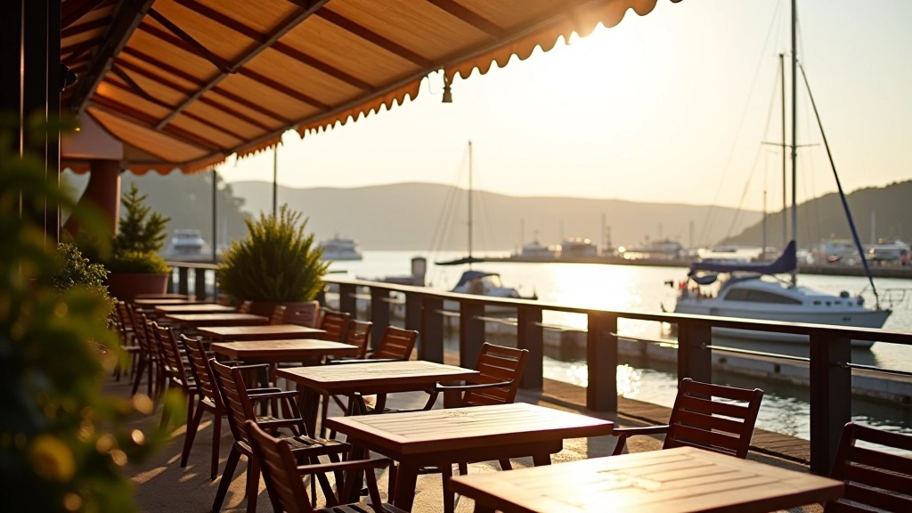 Cafe terrace overlooking calm harbour waters with sailboats anchored nearby, morning light