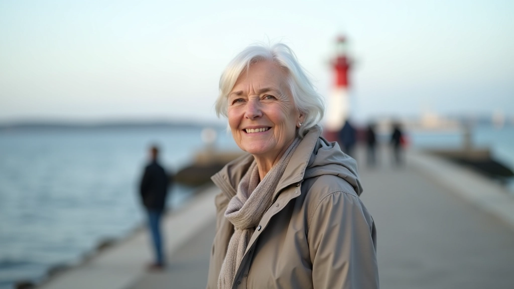Person dressed in layered clothing standing on a coastal promenade with sea breeze