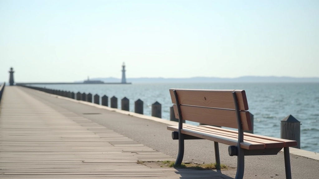 Comfortable wooden bench positioned along the harbour walkway with scenic water views