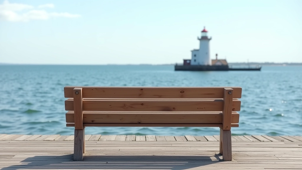 Wooden park bench facing the sea with lighthouse visible in the distance, peaceful waterfront setting